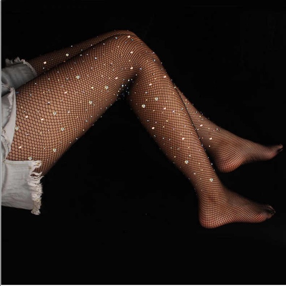 New Rhinestone Fishnet Tights Pantyhose TAN BLACK - Picture 7 of 12